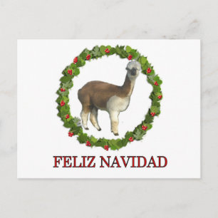 An alpaca Feliz Navidad Christmas Wreath Holiday Postcard