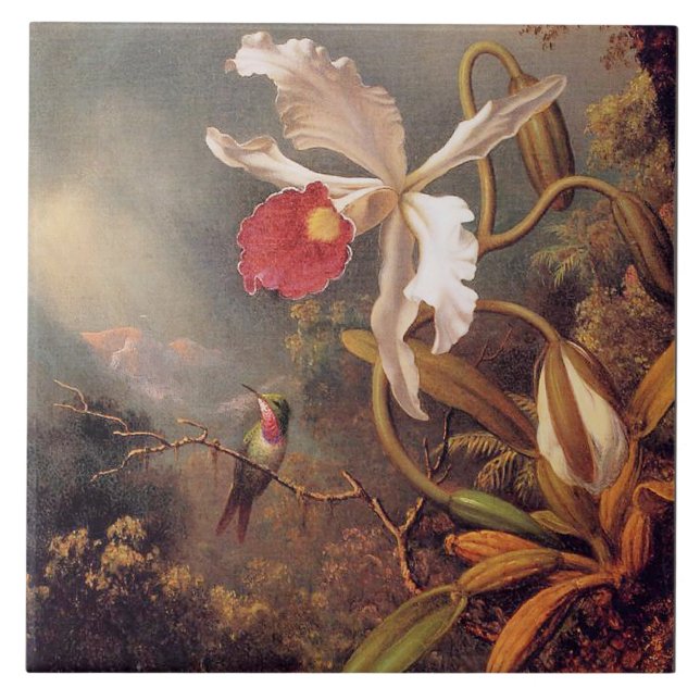 An Amethyst Hummingbird with a White Orchid Ceramic Tile (Front)