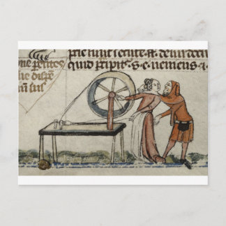 An amorous encounter at a spinning wheel postcard