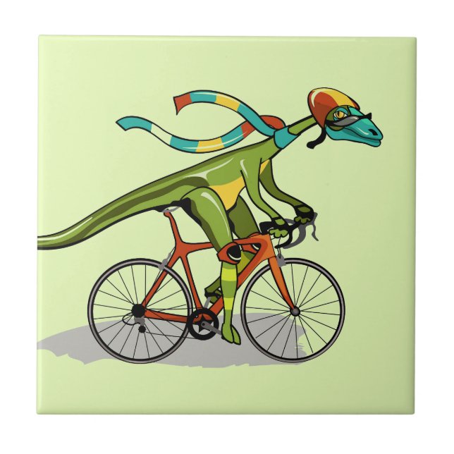 An Anabisetia Dinosaur Riding A Bicycle. Ceramic Tile (Front)