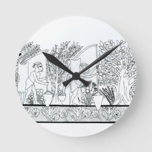 An ancient Egyptian garden (engraving) (b/w photo) Round Clock