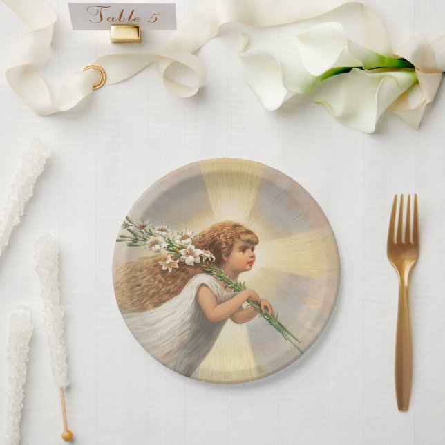An angel in the sky holding lilies christmas  pape paper plate (Wedding)