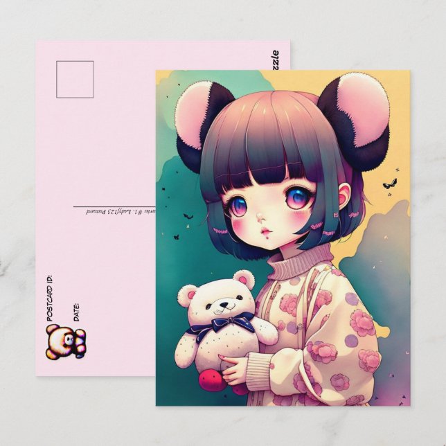 An Anime Girl with a Teddy Bear, Postcrossing Postcard (Front/Back)