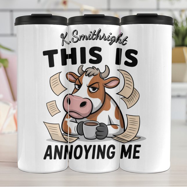 An Annoyed Cow with Papers Flying Thermal Tumbler (Creator Uploaded)