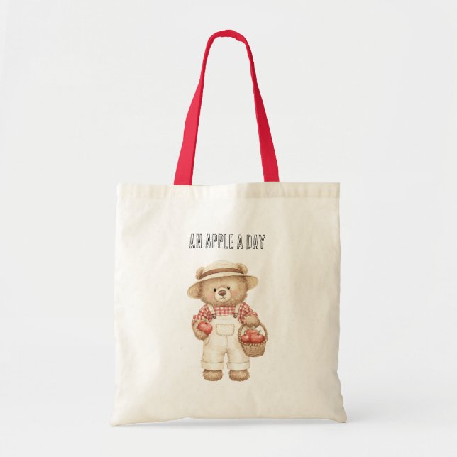 An Apple A Day Bear Basket Tote Bag (Front)