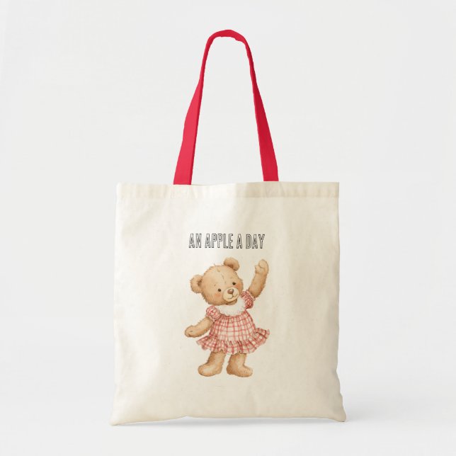 An Apple A Day Bear Red Dress Tote Bag (Front)