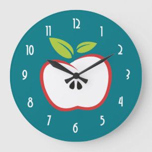 An apple with a red outline and green leaves large clock