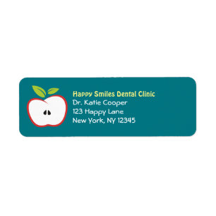 An apple with a red outline and green leaves return address label