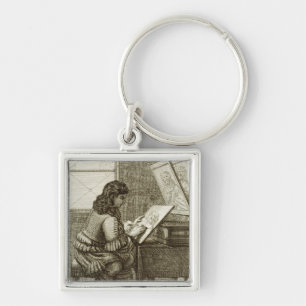 An artist copying onto an engraving plate, printed key ring