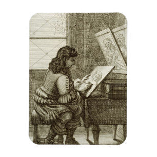 An artist copying onto an engraving plate, printed magnet
