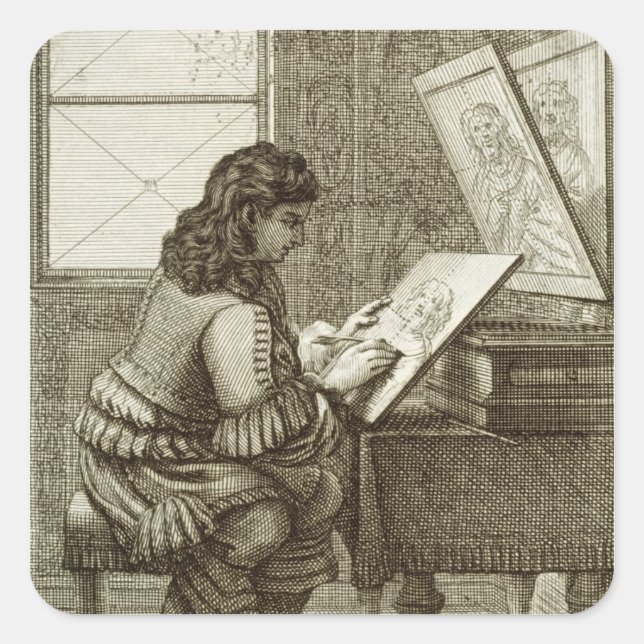 An artist copying onto an engraving plate, printed square sticker (Front)
