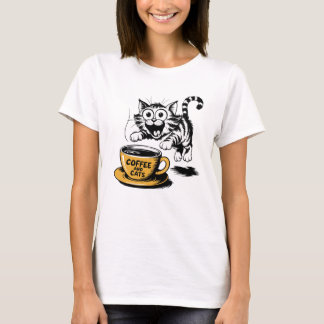An artistic drawing of a cute cat with a cup of co T-Shirt