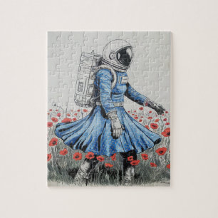 an astronaut in a blue dress walking in poppies jigsaw puzzle