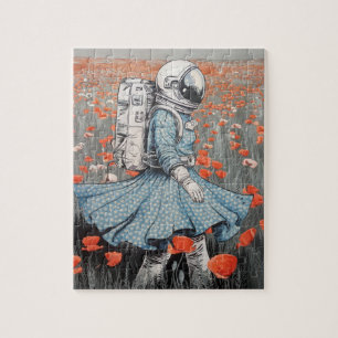 an astronaut in a blue dress walking in poppies jigsaw puzzle
