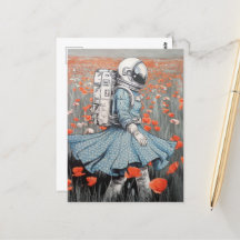  an astronaut in a blue dress walking in poppies