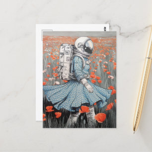 an astronaut in a blue dress walking in poppies postcard