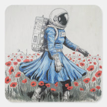  an astronaut in a blue dress walking in poppies