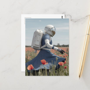 an astronaut in a poppy field postcard