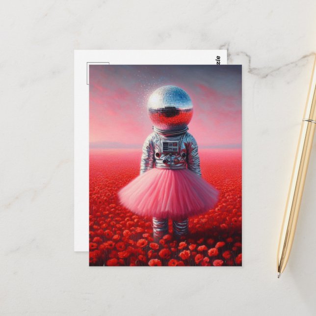 An astronaut in a tutu disco ball head poppies postcard (Front/Back In Situ)