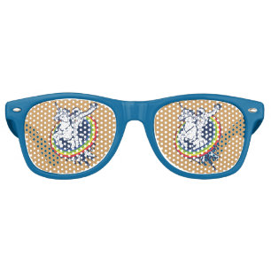 An astronaut riding a unicorn through a rainbow retro sunglasses