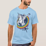 An astronaut riding a unicorn through a rainbow T-Shirt<br><div class="desc">An astronaut riding a unicorn through a rainbow,  what could make for a more epic combo? We dare not imagine! Take your wardrobe to a whole new level of epic with this tee</div>