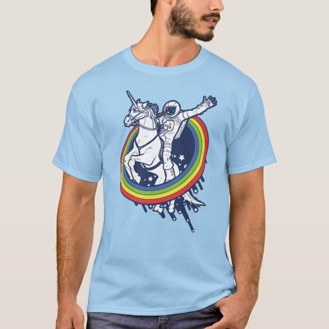 An astronaut riding a unicorn through a rainbow T-Shirt (Front)