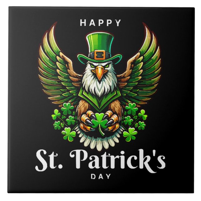 an eagle with green leprechaun hat ceramic tile (Front)