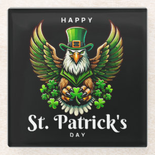an eagle with green leprechaun hat glass coaster