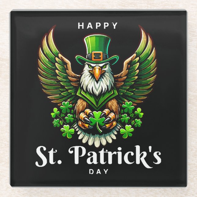 an eagle with green leprechaun hat glass coaster (Front)