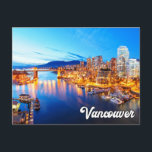 An Early Evening Over Vancouver, British Columbia Postcard<br><div class="desc">This travel postcard showcases a picturesque image of the Pacific Northwestern city of Vancouver,  located in British Columbia,  Canada. It would serve as a wonderful greeting for your best of friends and family.</div>