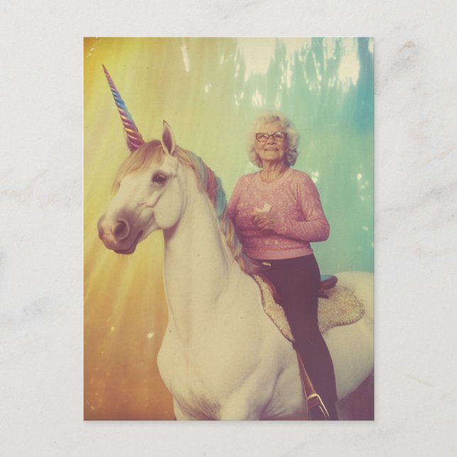 An elderly woman riding her unicorn postcard (Front)