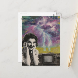 An electrifying collage of a woman purple sky postcard