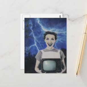 An electrifying woman retro postcard