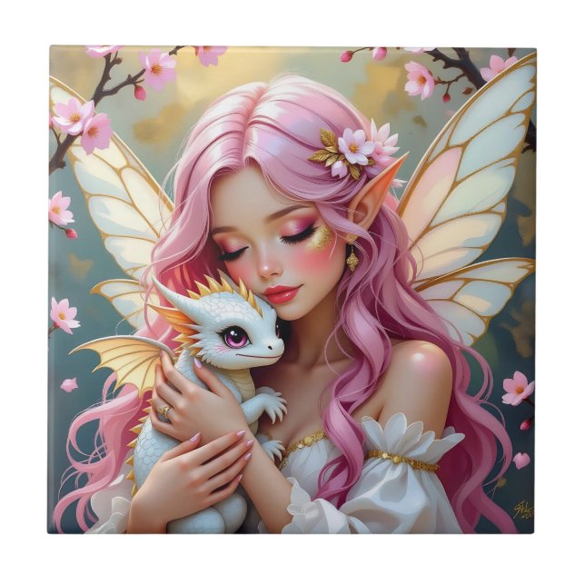 An Elegant Fairy and her Baby Dragon Personalized Ceramic Tile (Front)