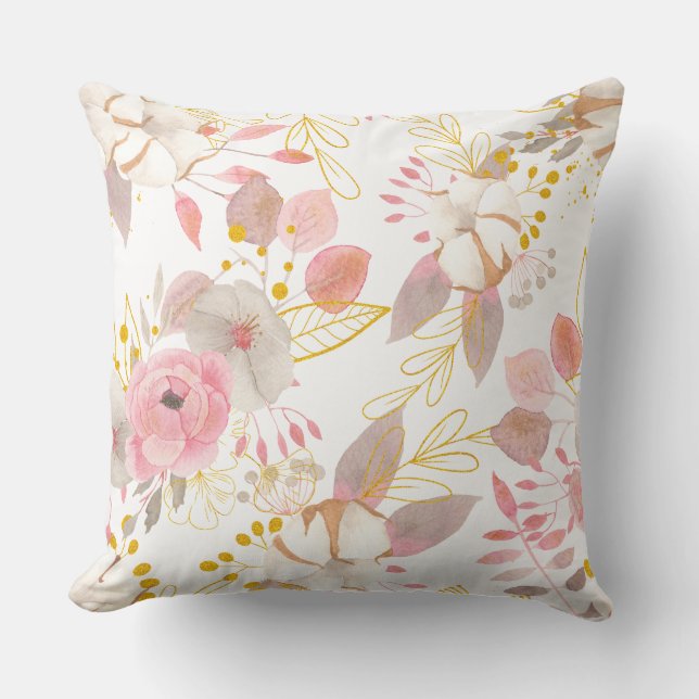 An elegant pink, gold and grey floral design cushion (Front)