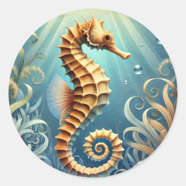 An elegant seahorse swimming underwater classic round sticker (Front)