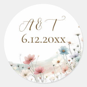 An Elegant Watercolor Wildflowers Wedding Date Classic Round Sticker