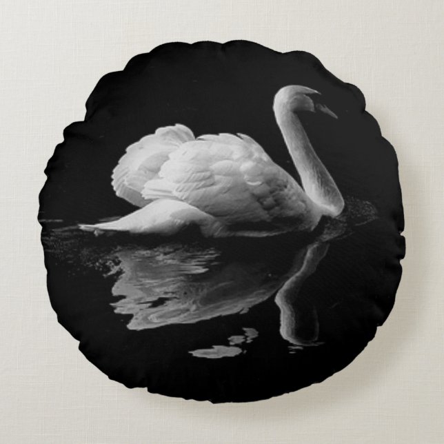An Elegant White Swan On A Black Background Round Cushion (Front)