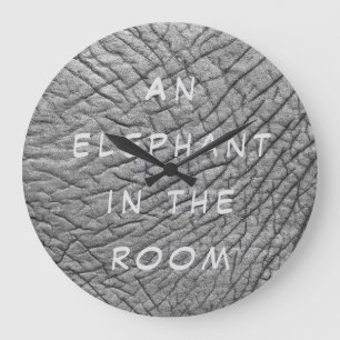 An elephant in the room skin photo with white text large clock