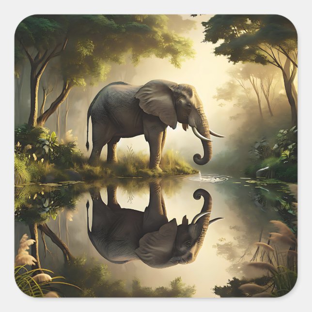 An Elephant's Reflection Square Sticker (Front)
