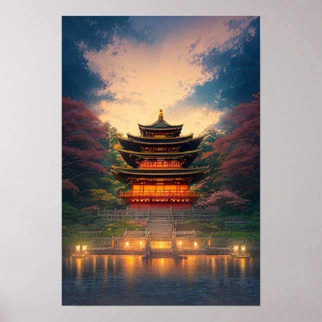 An Enchanting Japanese Temple at Sunset Poster (Front)