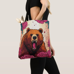 an enraged bear dive into the rose tote bag