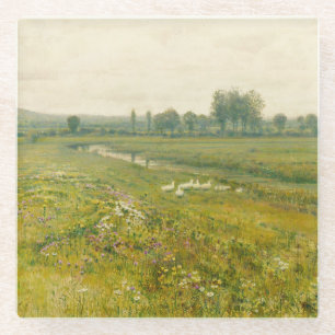 An Extensive Meadow Landscape with Geese Glass Coaster