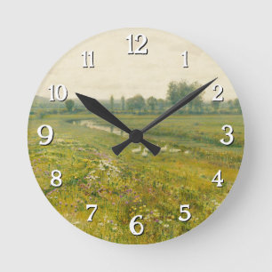 An Extensive Meadow Landscape with Geese Round Clock