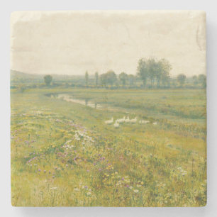 An Extensive Meadow Landscape with Geese Stone Coaster