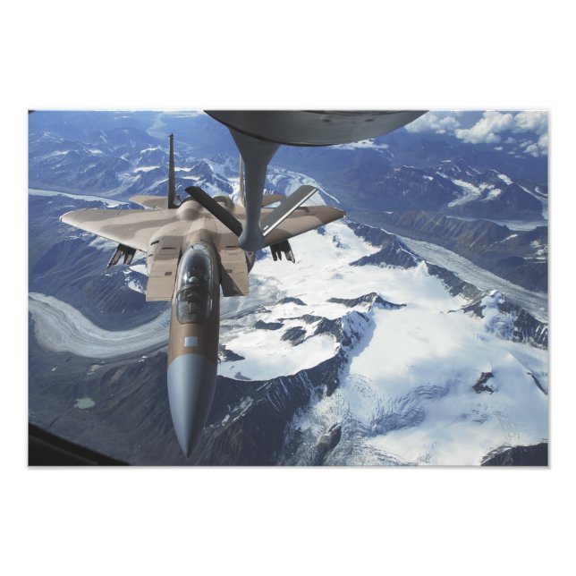 An F-15C Eagle aircraft sits behind a KC-135R Photo Print (Front)