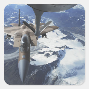 An F-15C Eagle aircraft sits behind a KC-135R Square Sticker