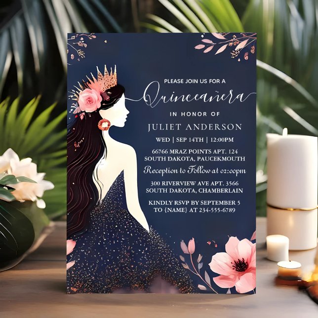 An Glam Ball Gown Spark Dark Navy Blue Quinceanera Invitation (Creator Uploaded)