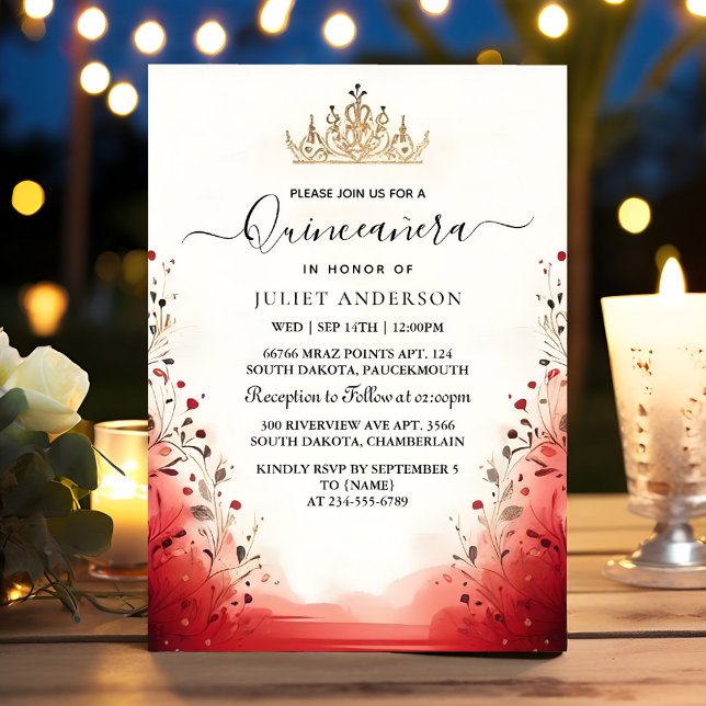 An Hot Pink Crown Tiara Black Lace Red Quinceanera Invitation (Creator Uploaded)
