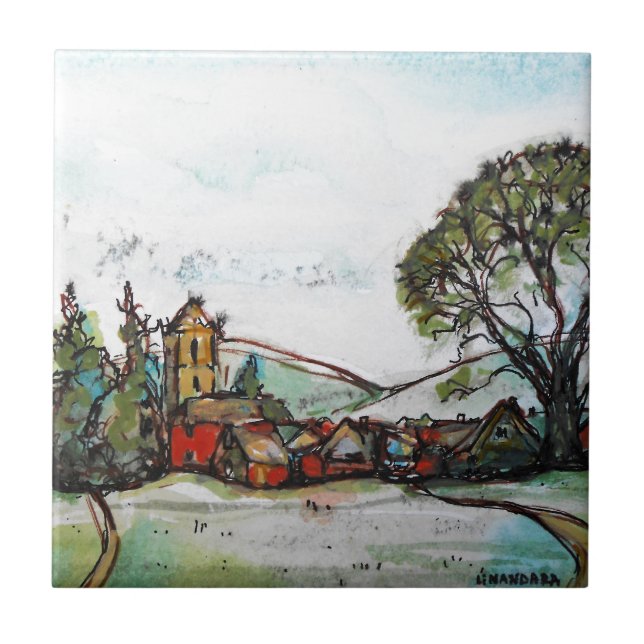 An Idyllic British Village sketch Ceramic Tile (Front)